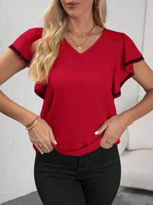 SHEIN Clasi 女士拼色蕾丝花朵缀饰荷叶边衬衫、短袖上衣 - 紅色 - 查看 6