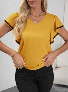 SHEIN Clasi Women's Contrast Color Lace Floral & Ruffle Hem Blouse,Short Sleeve Tops - Yellow - View 5