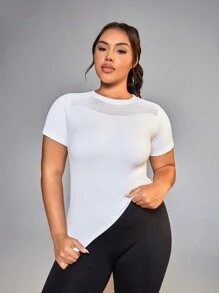 SHEIN Sports Plus Size Solid Color Breathable Comfortable Short Sleeve Sports T-Shirt - White - View 1