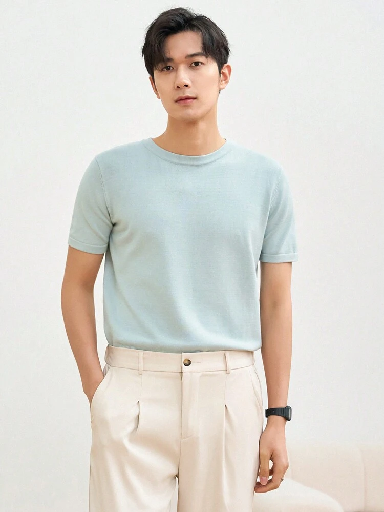 Men's Solid Color Knitted Short Sleeve Top For Summer