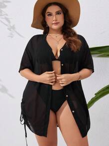 Swim Lushoire Summer Beach Plus Size Solid Color Kimono Style Dress With Front Button And Drawstring Waist - Black - View 5
