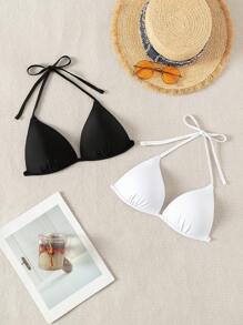 SHEIN Swim 夏季海滩女士露背系带泳衣上衣嘉年华 - 黑與白 - 查看 5