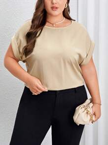 SHEIN Privé 米色春夏優雅日常通勤緞面圓領大尺碼女士襯衫 - 卡其色 - 查看 6
