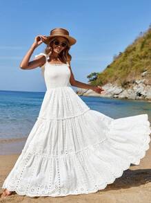 EURMUSE White Shirred Eyelet Embroidery Sleeveless Dress - White - View 5