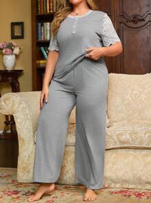 Plus Size Lace Splicing Top And Solid Color Long Pants Casual Sleepwear Set - Grey - View 4
