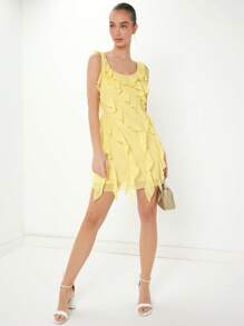Enchnt Women's Solid Color Patchwork Ruffles Sleeveless Dress - Yellow - View 3