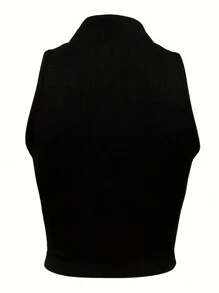 SHEIN Slayr Áo ba lỗ không tay màu trơn có khóa kéo phía trước dành cho nữ cỡ lớn cho mùa hè - màu đen - Xem 2
