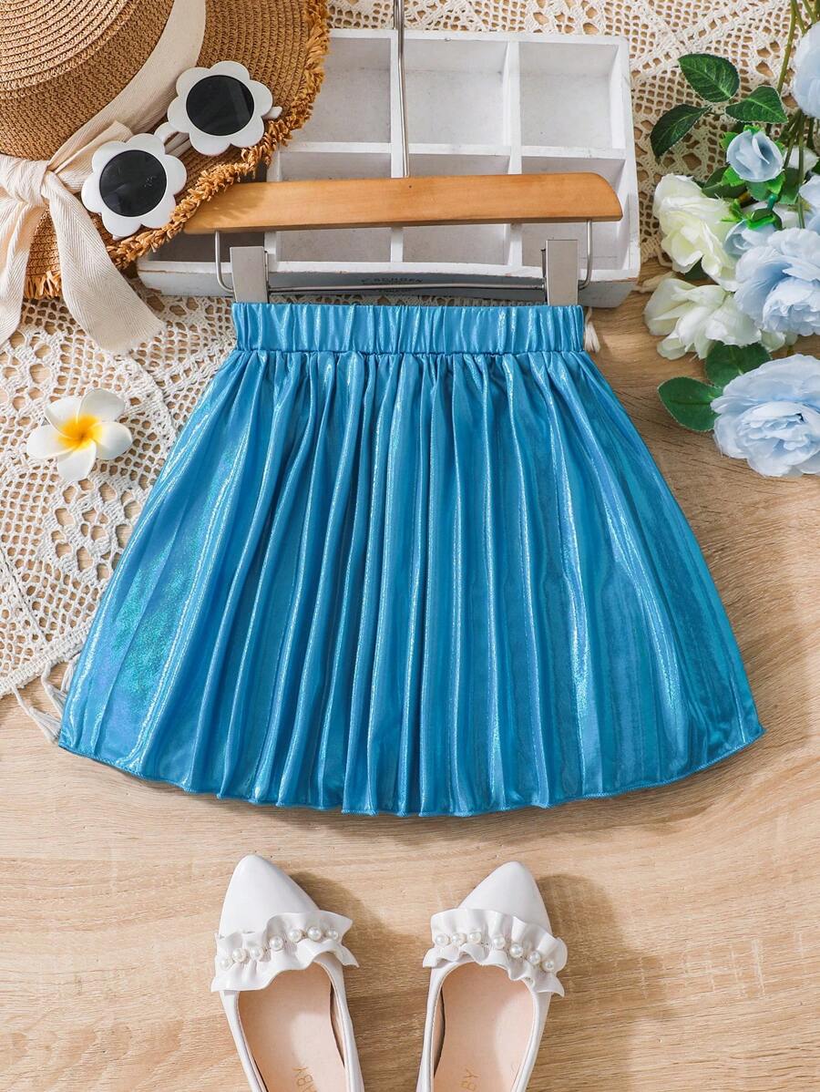 SHEIN Young Girls' Blue Pleated Skirt Suitable For Summer - Blue - View 1
