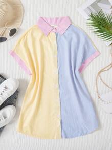 Teen Girls' Personalized Patchwork Multicolor Striped Short Sleeve Shirt, Playful & Fashionable For Daily Wear - Multicolor - View 3