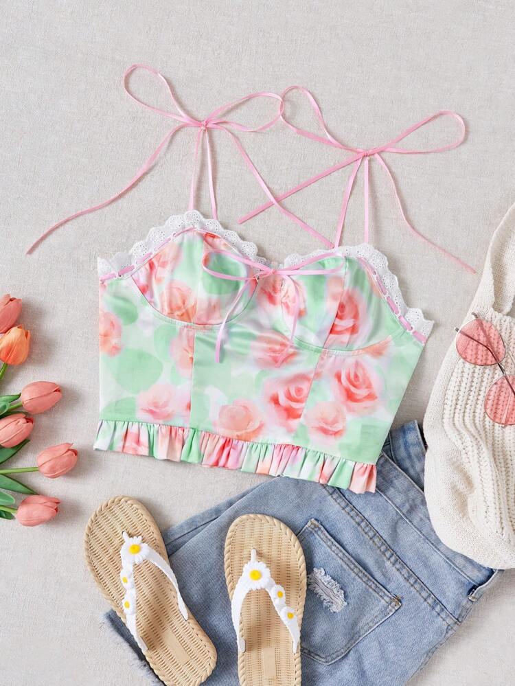 Women's Vacation Style Mint Blue Background Rose Printed Satin Camisole With Ruffle Trim And Tie Shoulder Straps