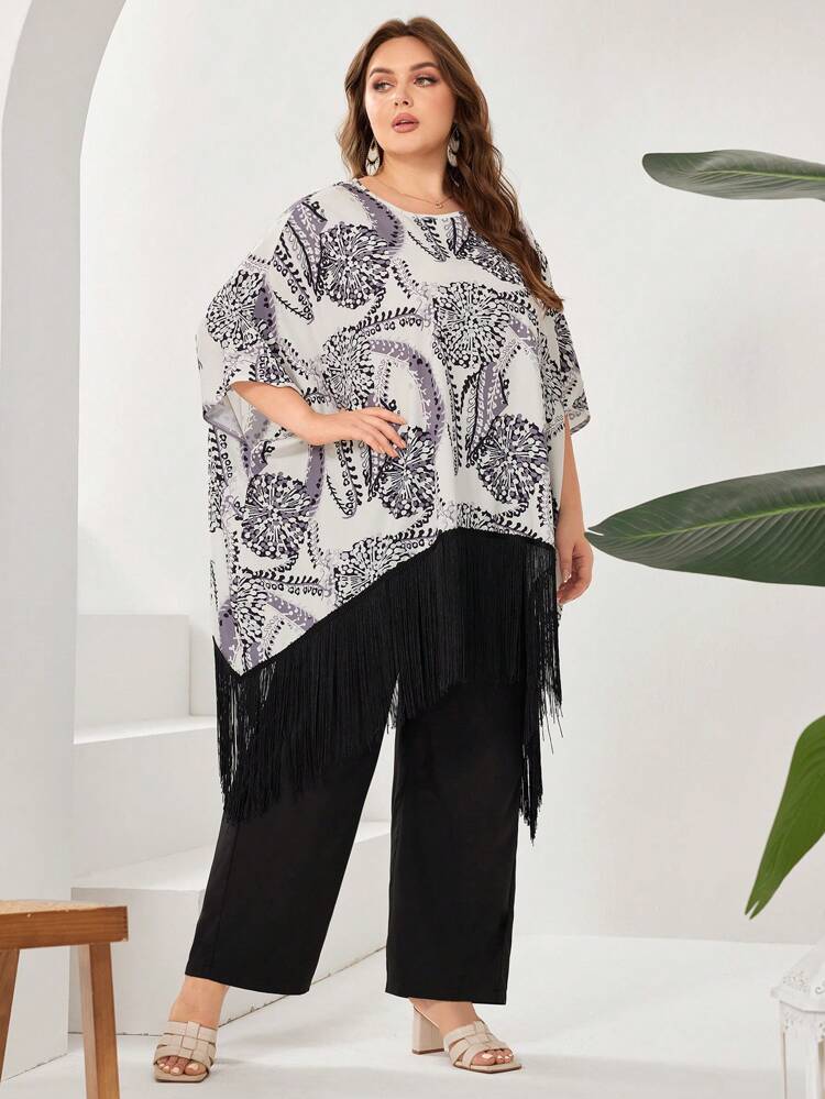 Plus Size Floral Print Tassel Hem Batwing Sleeve Top And Solid Color Pants Two Pieces Set