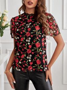 SHEIN Clasi Camisa Con Mangas De Malla Transparente Bordada
