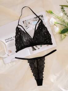 花卉蕾絲背帶內衣套裝 - 黑色 - 查看 2