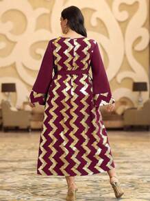 Al Najma Burgundy Red Plus Size Women's Arabic Style Long Sleeve Dress With Foil Print Herringbone Pattern