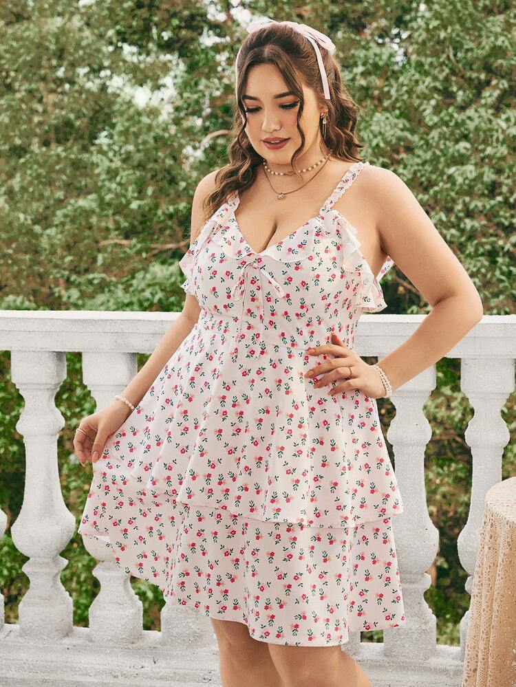 Plus Size V-Neck Strap With Ruffle Trim Double-Layer Swing A-Line Cami Dress