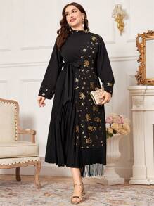 Al Najma Übergröße Zufälliger Goldbedruckter Blumengürtel & Stehkragen & Fransen Saum Splice Kleid