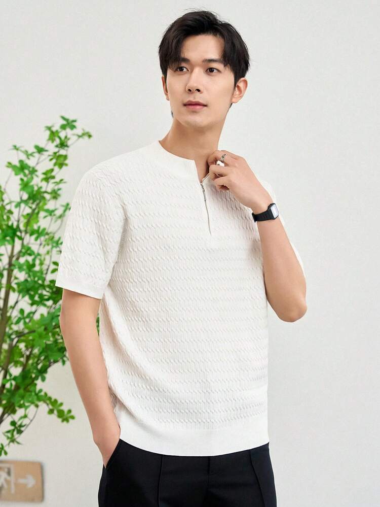 Men's Half Zipper Short Sleeve Cable Knit Sweater For Summer