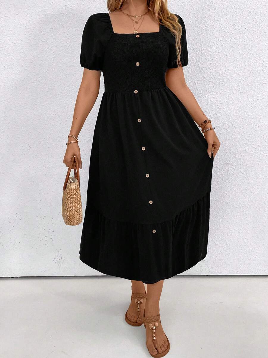 SHEIN LUNE Plus Size Women's Short Bubble Sleeve Dress With Button Decoration And Square Neckline - Black - View 1
