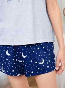 SHEIN Set Di Vestiti Per Teenager Ragazze Con T-shirt A Manica Corta E Pantaloncini In Maglia Con Stampa Di Luna Per Indossare A Casa - Multicolore - Visualizzare 6