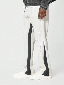 SUMWON Athletic Track Style Sweatpants Contrast Side Stripe Design Paint Splatter Premium Comfort Urban Streetwear Performance Pants - Beige - View 1