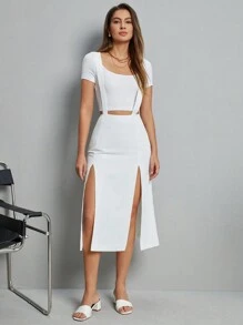 SHEIN Essnce Women's Solid Color Suspender High Side Split Midi Skirt - White - View 3