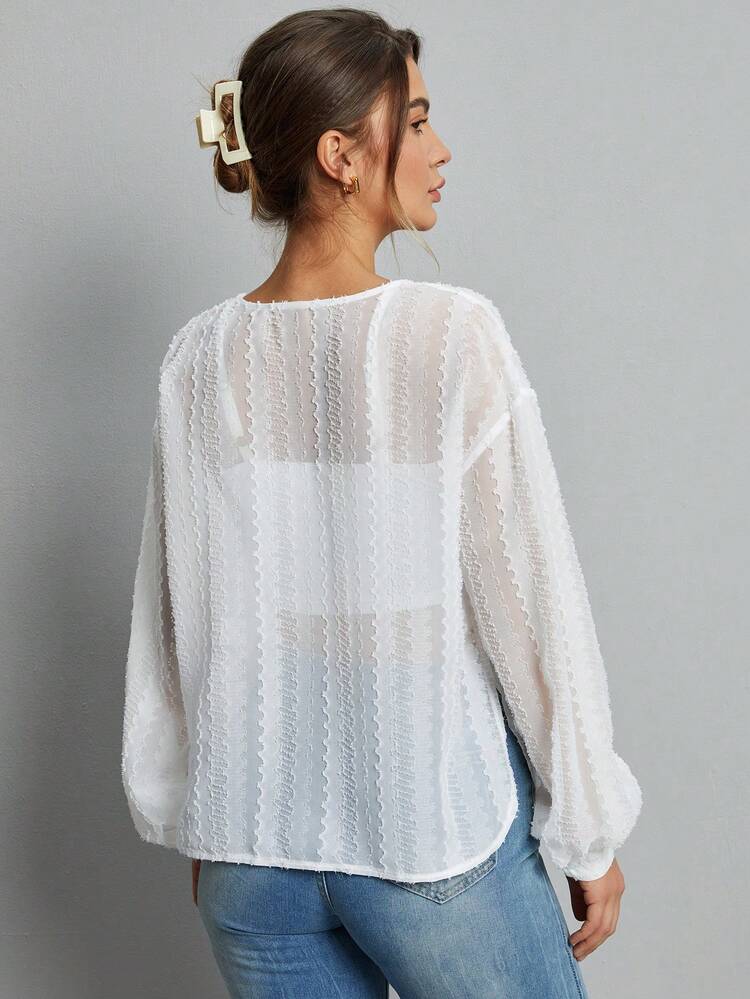 Women's Loose Fit Shirt With Semi-Transparent V-Neckline And Lace Edge Detail