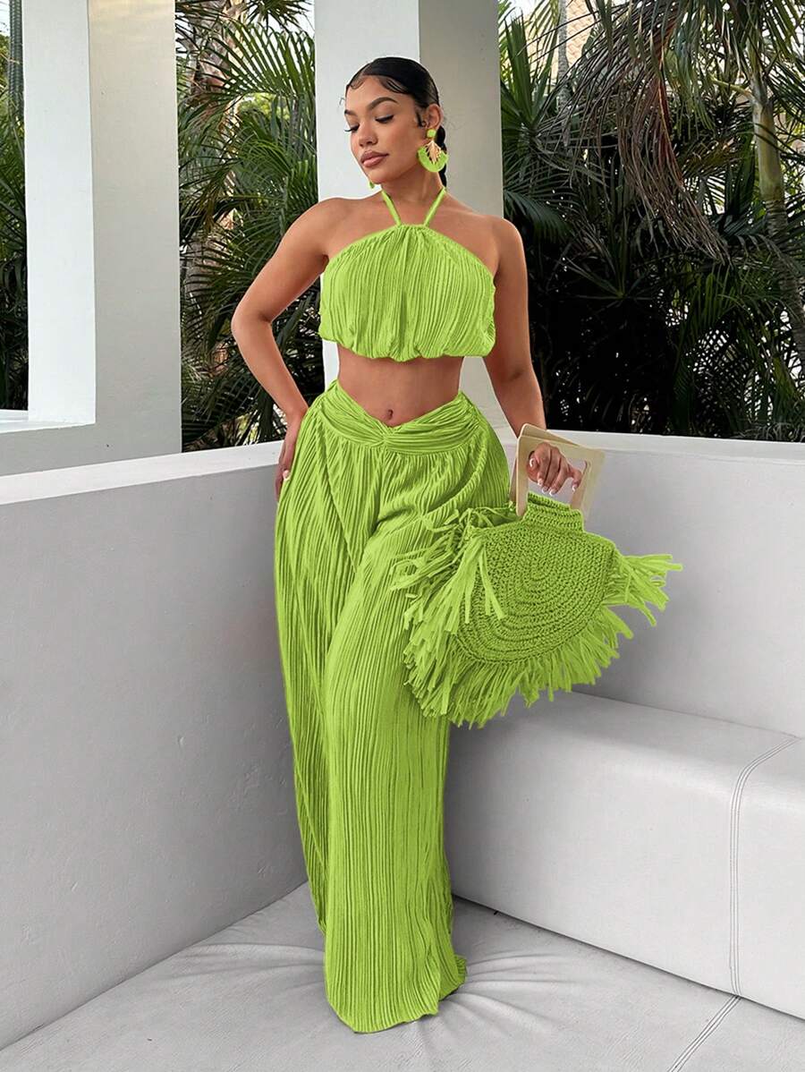 SHEIN SXY Áo yếm hở vai siêu ngắn phong cách ngày lễ có eo xoắn phía trước và quần dài siêu rộng trang phục mùa hè hai mảnh thời trang Boho cho phụ nữ - màu xanh lá - Xem 1