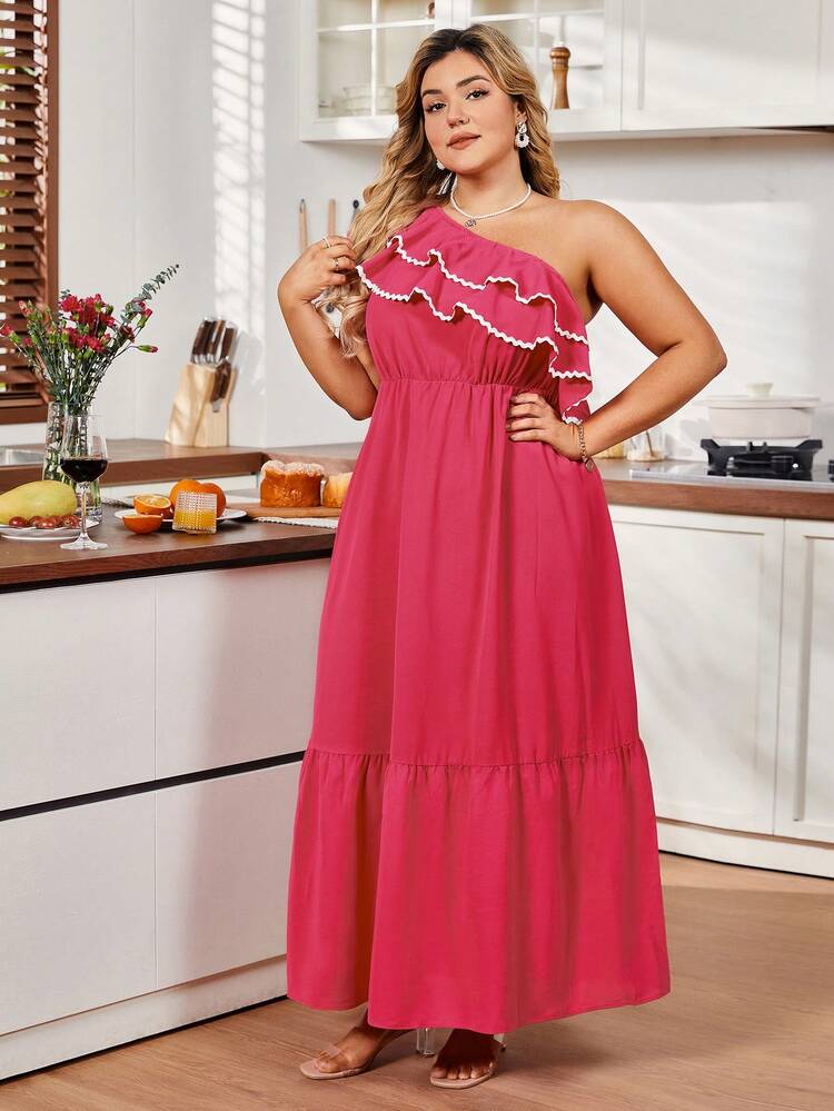 Plus Size Color-Block Dress With Ruffle Details And Floral Lace Trim