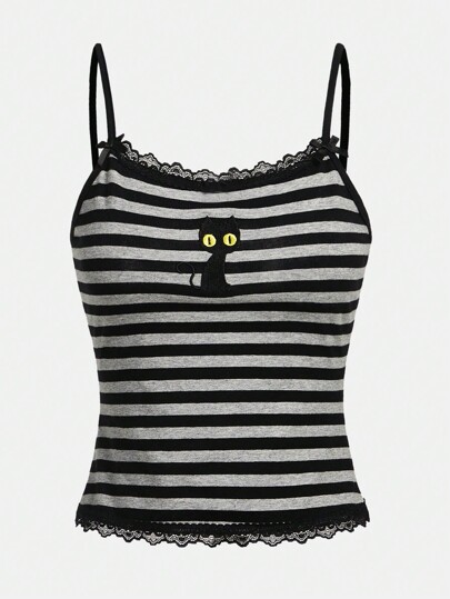 Hippie Plus Size Black Cat Printed Striped Camisole Top With Lace Decoration, For Summer