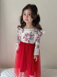 SHEIN 少女花卉印花撞色网眼荷叶边连衣裙 - 酒紅色 - 查看 2