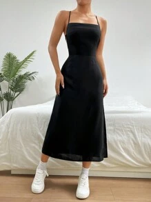 SHEIN EZwear Vestido Cami Con Dobladillo Dividido Y Color Sólido - Negro - Ver 5