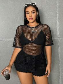 Flirla 大尺碼女式透視漁網上衣 - 黑色 - 查看 4
