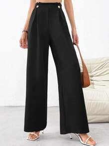 SHEIN Privé 女士黑色褶皺高腰寬腿夏季長褲帶口袋,優雅風格 - 黑色 - 查看 1