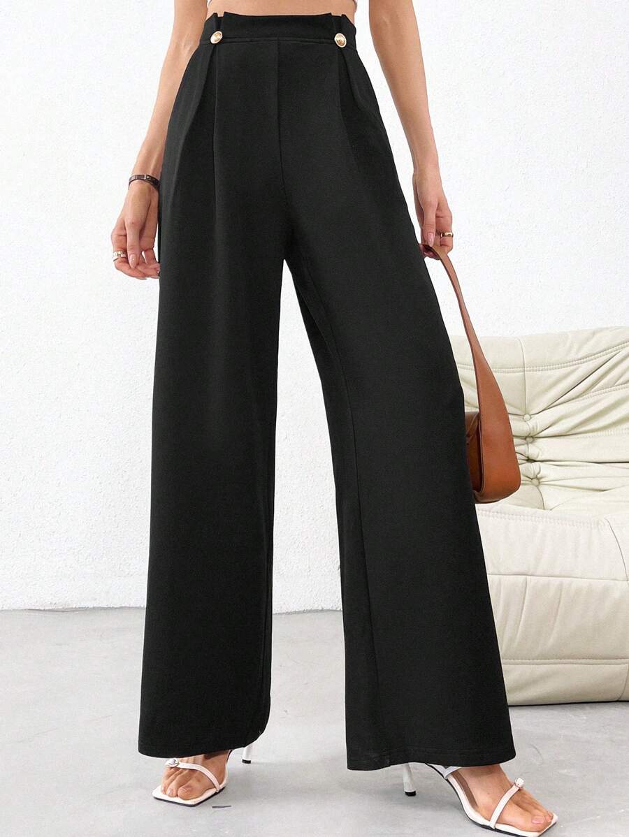 SHEIN Privé 女士黑色褶皺高腰寬腿夏季長褲帶口袋,優雅風格 - 黑色 - 查看 1