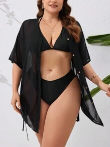 Swim Lushoire Summer Beach Plus Size Solid Color Kimono Style Dress With Front Button And Drawstring Waist - Black - View 3