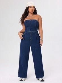 SHEIN ICON 大尺碼牛仔無肩帶連身褲 - 中等水洗藍 - 查看 1