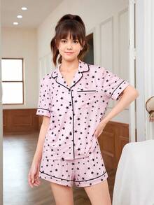 Conjunto De Ropa De Verano Para Adolescentes Que Incluye Camiseta Y Pantalones Cortos De Punto Con Mangas Cortas Y Patrón De Estrella Y Bolsillos - Rosa - Ver 5