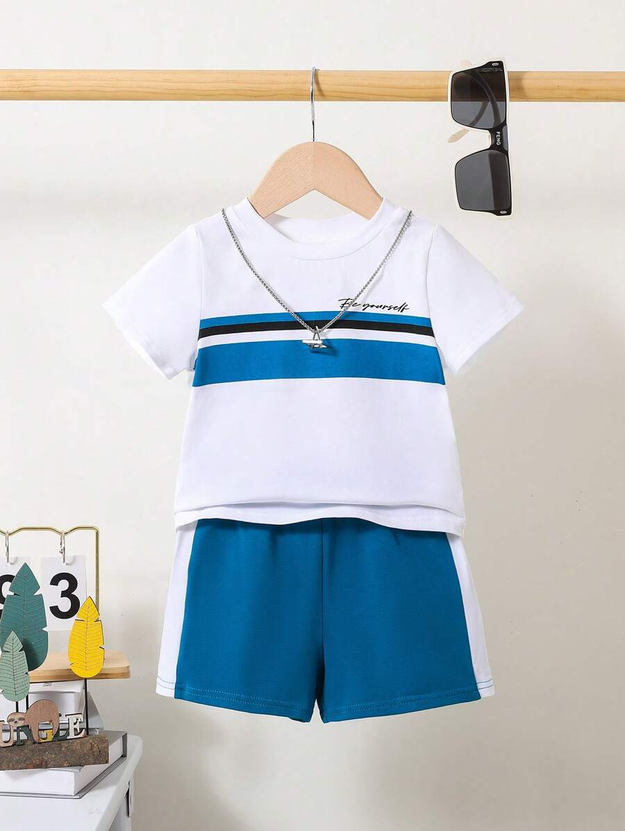 Shein baby boy casual contrast color letter print t shirt and shorts