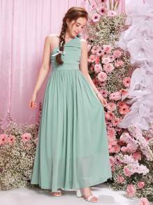 SHEIN Vestido Largo Fruncido Con Un Hombro Y Flor Tejida En 3d De Color Sólido Para Niña Adolescente - verde menta - Ver 6
