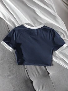 SHEIN Unity 休闲度假字母图案印花 T 恤图案 T 恤女式上衣 - 藏蓝色 - 查看 2