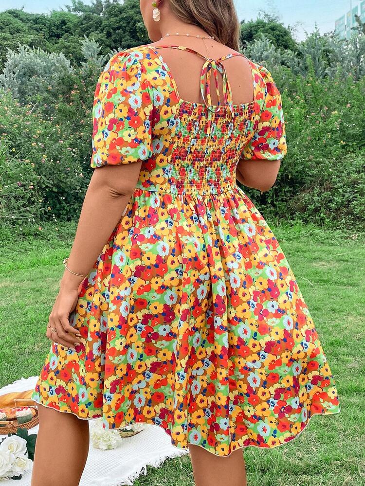 Plus Size Floral Print Bubble Sleeve Dress With Sweetheart Neckline