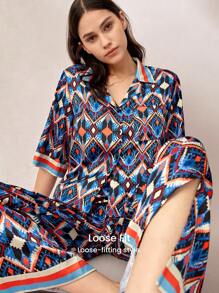 LUVLETTE Bộ đồ ngủ dài bằng satin họa tiết thời trang mùa hè cho nữ, đồ mặc nhà, đồ lót nữ có thể mặc ngoài. - Màu xanh hải quân - Xem 4