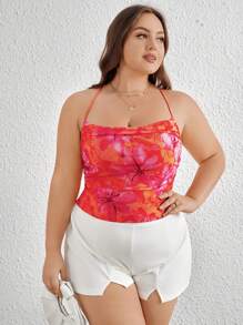 SHEIN Privé Kích thước lớn Của phụ nữ Lãng mạn Mùa Xuân Hoa Lưới In Cami ngọn , trái cam , Không tay Ngắn Chiều dài , Thích hợp Cho du lịch , Kỳ nghỉ Và In Mùa hè - Nhiều màu - Xem 4