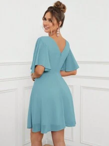 SHEIN Belle Solid Color Butterfly Sleeve Wrap Waist Dress - Baby Blue - View 2