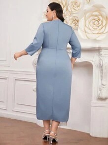 Modelyn 大码女式拼布流苏阿拉伯服装、婚礼宾客礼服长款晚礼服 - 藍色 - 查看 2