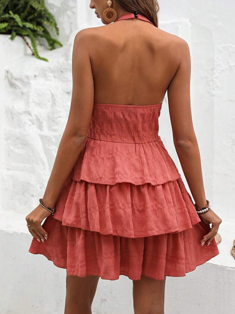 Solid Color Halter Neck Backless Jumpsuit With Ruffle Hem