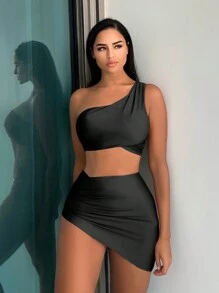 SHEIN Swim 素色單肩比基尼泳裝附沙灘裙