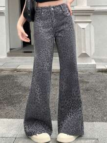 DAZY Women's Leopard Print Wide Leg Jeans - Grey - View 6