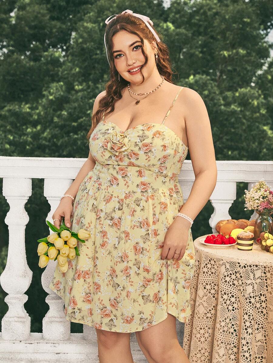 Dreamara Vestido En Línea A Con Correa Decorada Con Flores 3d Impresas Con Tamaño Grande Y Diseño Floral - Rosa - Ver 1