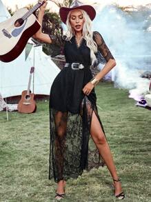 SHEIN VCAY 單色度假風格蕾絲連衣裙,高開叉款式